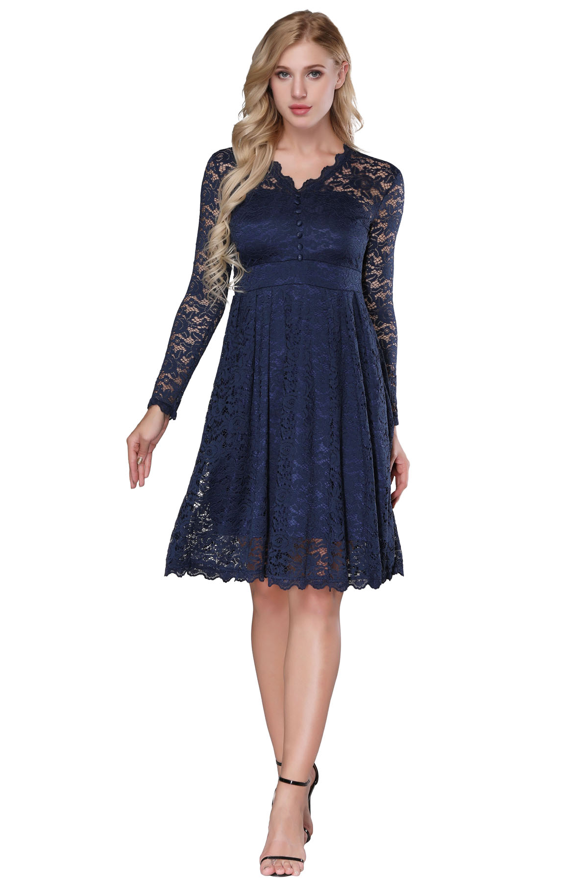 F2528-1 Retro Floral Lace Long Sleeve Vintage Swing Cocktail Bridesmaid Dress